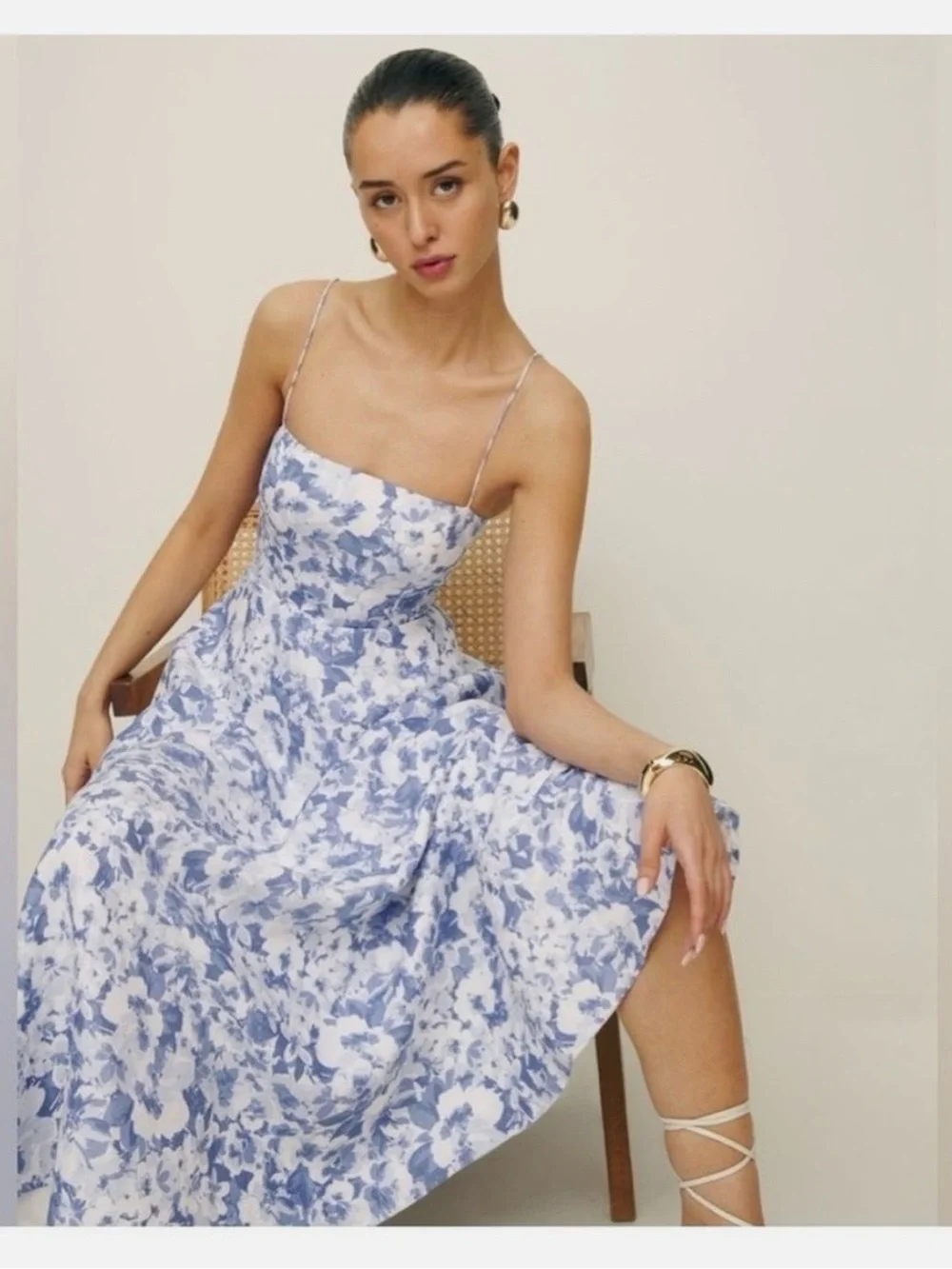 Reformation Monette in Blue Larkspur Floral Spaghetti-Strap Midi Dress - Picture 2 of 9